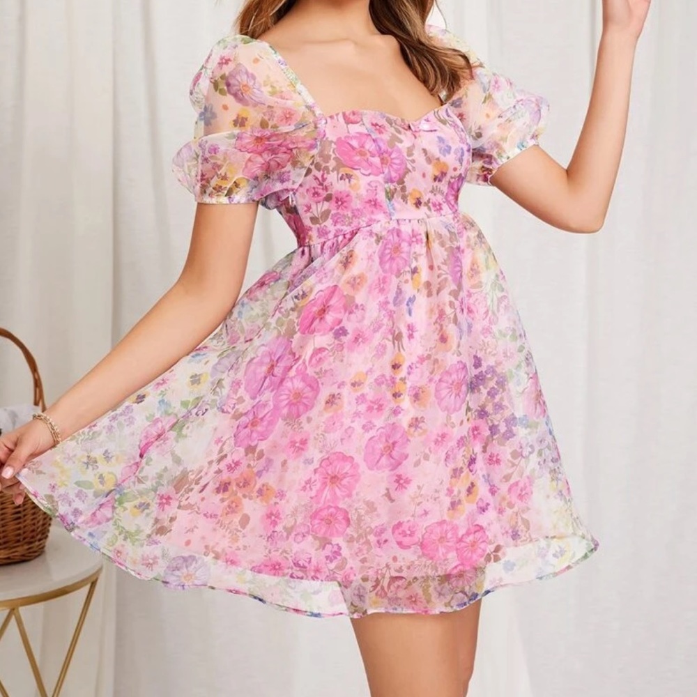 Puff Sleeves Floral Organza Dress